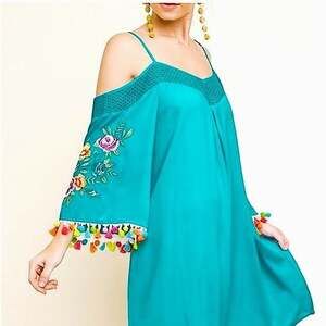 Umgee Teal Boho Cold Shoulder Mini Dress with Floral Embroidery and Tassel Sleev
